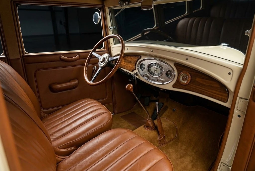 Interior en piel color caramelo de un Ford Modelo A